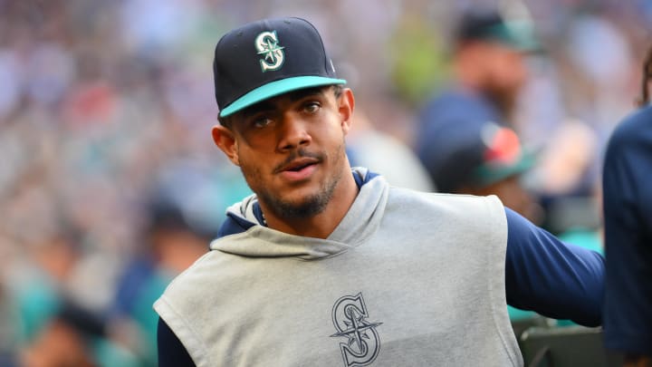 Seattle Mariners outfielder Julio Rodriguez in the dugout during a game against the New York Mets on Aug. 10 at T-Mobile Park.