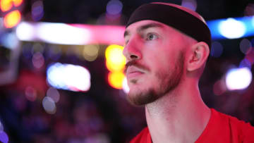 Jan 28, 2024; Portland, Oregon, USA; Chicago Bulls shooting guard Alex Caruso (6) stands during the national anthem before the game against the Portland Trail Blazers at Moda Center. Mandatory Credit: Soobum Im-USA TODAY Sports