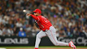 Angels relief pitcher Sammy Peralta (57) pitches to the Seattle Mariners during the sixth inning at T-Mobile Park on Sept. 13.