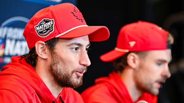 Anthony Cirelli and Brandon Hagel at 2025 NHL 4 Nations Face-Off - Media Day