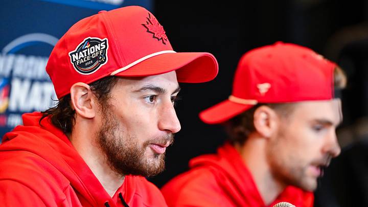 Anthony Cirelli and Brandon Hagel at 2025 NHL 4 Nations Face-Off - Media Day