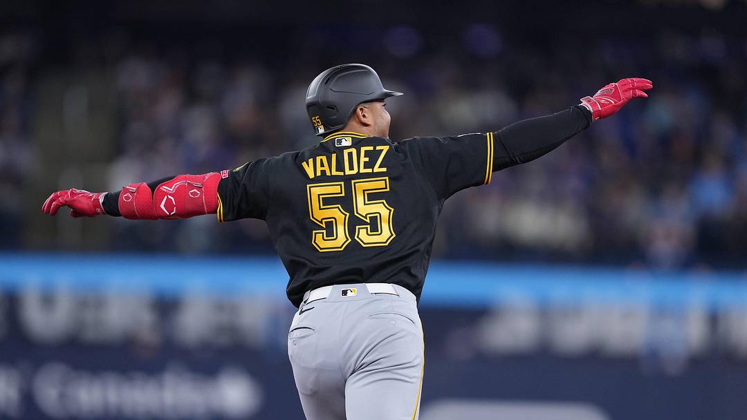 May 24, 2026; Toronto, Ontario, CAN; Pittsburgh Pirates right fielder Esmerlyn Valdez (55) celebrates hitting a two run home run against the Toronto Blue Jays during the sixthinning at Rogers Centre. Mandatory Credit: Nick Turchiaro-Imagn Images