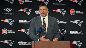 Jan 13, 2025; Foxborough, MA, USA; Mike Vrabel addresses media at a press conference to announce his hiring as the New England Patriots head coach at Gillette Stadium. Mandatory Credit: Eric Canha-Imagn Images