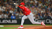 Sep 13, 2025; Seattle, Washington, USA; Los Angeles Angels relief pitcher Sammy Peralta (57) pitches to the Seattle Mariners during the sixth inning at T-Mobile Park. Mandatory Credit: Steven Bisig-Imagn Images