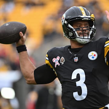 Dec 25, 2024; Pittsburgh, Pennsylvania, USA; Pittsburgh Steelers quarterback Russell Wilson (3) warms up against the Kansas City Chiefs at Acrisure Stadium. Mandatory Credit: Barry Reeger-Imagn Images