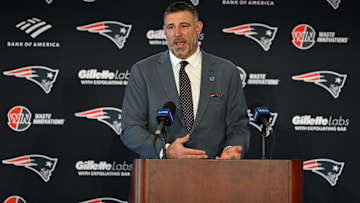 Mike Vrabel addresses the media at a press conference to announce his hiring as the New England Patriots head coach at Gillette Stadium.