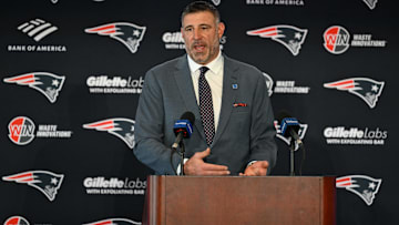 Mike Vrabel addresses the media at a press conference to announce his hiring as the New England Patriots head coach at Gillette Stadium.