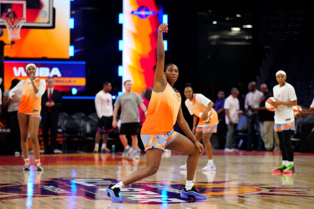 Aliyah Boston warms up before the WNBA All-Star Game.