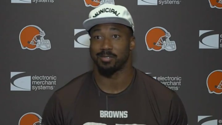 Cleveland Browns defensive end Myles Garrett speaks to the media on Thursday. Cleveland Browns defensive end Myles Garrett speaks to the media on Thursday.