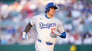 Anaheim, California, USA; Los Angeles Dodgers designated hitter Shohei Ohtani (17) runs to third base in the first inning against the Los Angeles Angels at Angel Stadium.