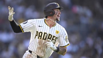 San Diego Padres center fielder Jackson Merrill hits a three-run home run against the Milwaukee Brewers at Petco Park.