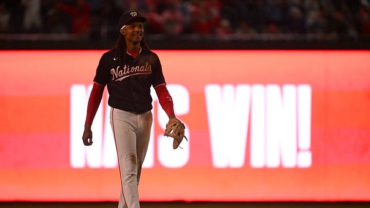 Sep 25, 2026; Washington, District of Columbia, USA;  Washington Nationals shortstop CJ Abrams (5) smiles after defeating the New York Mets at Nationals Park.  Mandatory Credit: Rafael Suanes-Imagn Images