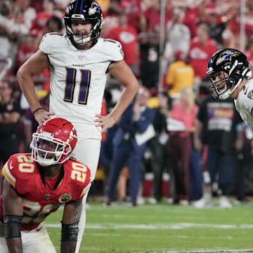 Baltimore Ravens kicker Justin Tucker (9) reacts after missing a field goal against the Kansas City Chiefs during the game at GEHA Field at Arrowhead Stadium. 