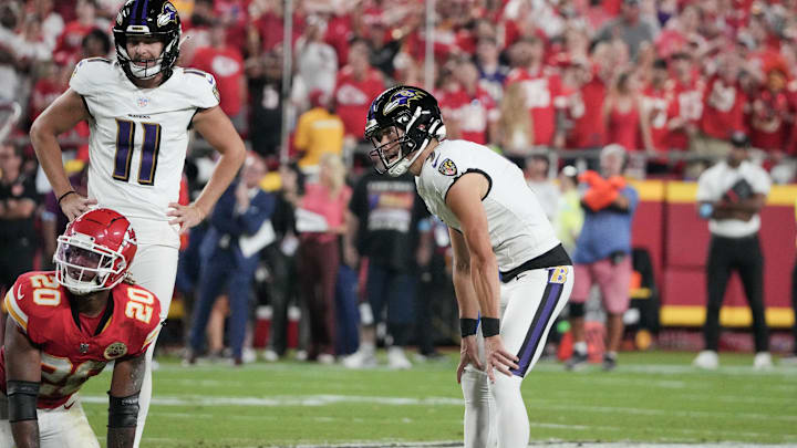 Baltimore Ravens kicker Justin Tucker (9) reacts after missing a field goal against the Kansas City Chiefs during the game at GEHA Field at Arrowhead Stadium. 