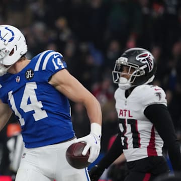 Nov 9, 2025; Berlin, Germany; Indianapolis Colts wide receiver Alec Pierce (14) and Indianapolis Colts wide receiver Michael Pittman Jr. (11) react against the Atlanta Falcons during the NFL Berlin Game at Olympic Stadium. 