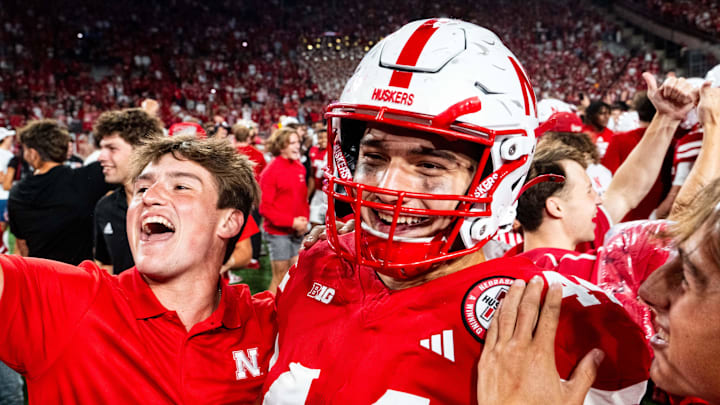 Sep 7, 2024; Lincoln, Nebraska, USA; Nebraska Cornhuskers tight end Luke Lindenmeyer (44) celebrates with fans after defeating the Colorado Buffaloes at Memorial Stadium. Mandatory Credit: Dylan Widger-Imagn Images