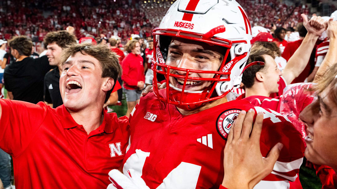 Tight end Luke Lindenmeyer celebrates with fans after the Huskers' 2024 win over Colorado.