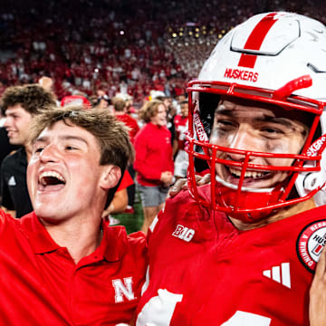 Nebraska Cornhuskers tight end Luke Lindenmeyer (44) celebrates with fans