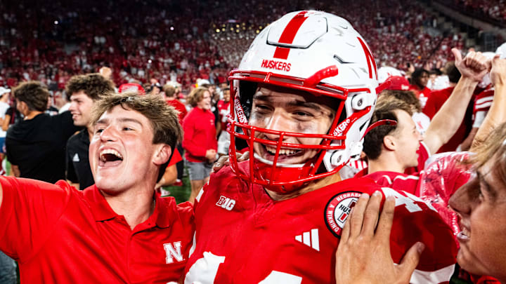 Nebraska Cornhuskers tight end Luke Lindenmeyer (44) celebrates with fans