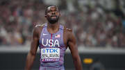 Sep 17, 2025; Tokyo, Japan; Rai Benjamin (USA) after a qualifying heat for the men’s 400 meter hurdles during the World Athletics Championships at National Stadium. Mandatory Credit: Kirby Lee-Imagn Images