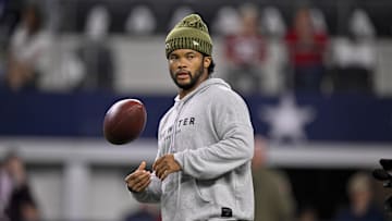 Nov 3, 2025; Arlington, Texas, USA; Arizona Cardinals quarterback Kyler Murray (1) looks on from the field before the game between the Dallas Cowboys and the Arizona Cardinals at AT&T. 