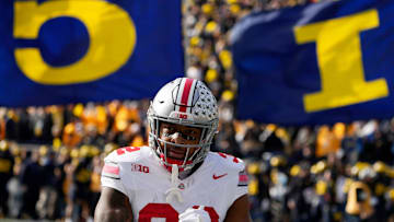 Ohio State Buckeyes running back TreVeyon Henderson takes the field before the game against the Michigan Wolverines at Michigan Stadium, Nov. 25, 2023.