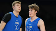 Apr 4, 2025; San Antonio, TX, USA; Duke Blue Devils guard Cooper Flagg (2) and guard Kon Knueppel (7) during a practice session for the Final Four of the 2025 NCAA tournament at Alamodome. Mandatory Credit: Bob Donnan-Imagn Images