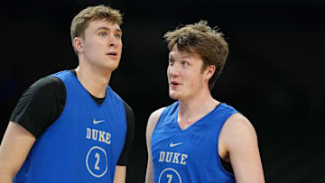 Apr 4, 2025; San Antonio, TX, USA; Duke Blue Devils guard Cooper Flagg (2) and guard Kon Knueppel (7) during a practice session for the Final Four of the 2025 NCAA tournament at Alamodome. Mandatory Credit: Bob Donnan-Imagn Images