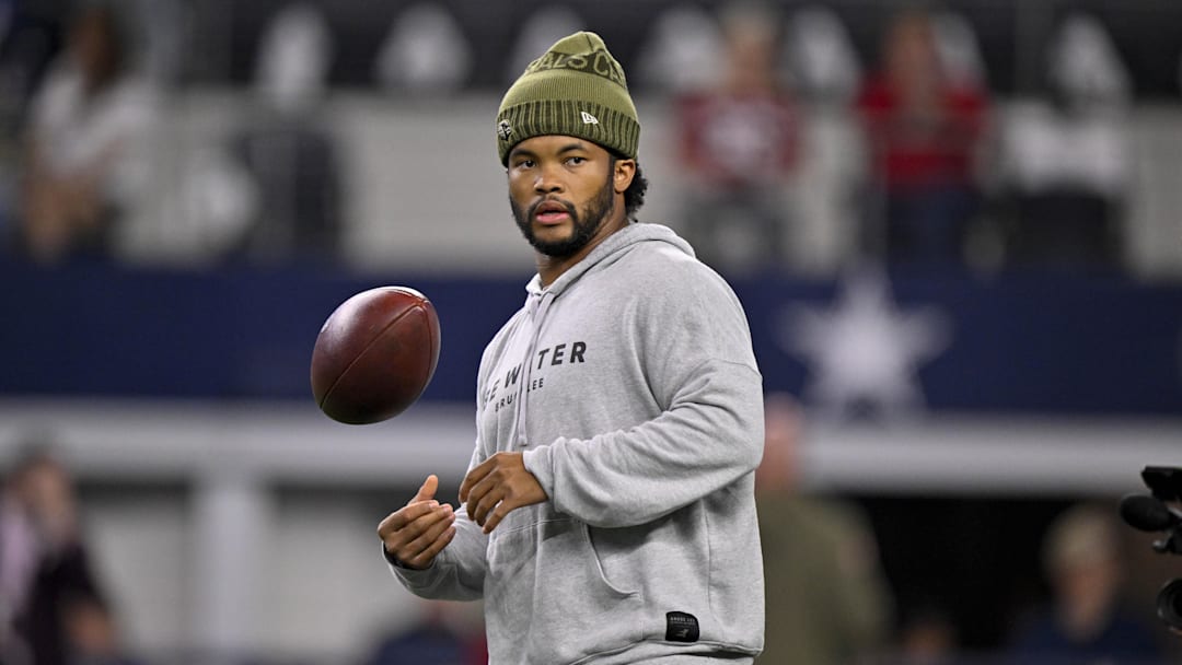 Nov 3, 2025; Arlington, Texas, USA; Arizona Cardinals quarterback Kyler Murray (1) looks on from the field before the game between the Dallas Cowboys and the Arizona Cardinals at AT&T Stadium. Mandatory Credit: Jerome Miron-Imagn Images