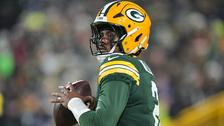 Dec 27, 2025; Green Bay, Wisconsin, USA;  Green Bay Packers quarterback Malik Willis (2) during warmups prior to the game against the Baltimore Ravens at Lambeau Field.
