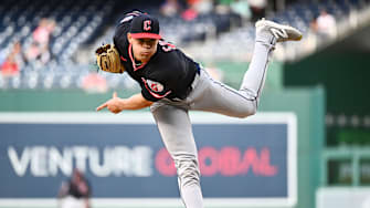 May 6, 2025; Washington, District of Columbia, USA;  Cleveland Guardians relief pitcher Joey Cantillo (54) delivers a pitch during the eighth inning against the Cleveland Guardians at Nationals Park. Mandatory Credit: James A. Pittman-Imagn Images