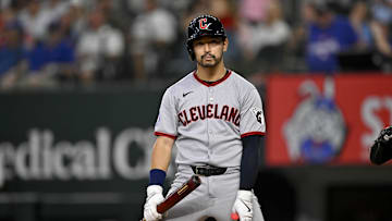 Aug 24, 2025; Arlington, Texas, USA; Cleveland Guardians left fielder Steven Kwan (38) reacts to striking out during the third inning against the Texas Rangers at Globe Life Field. Mandatory Credit: Jerome Miron-Imagn Images