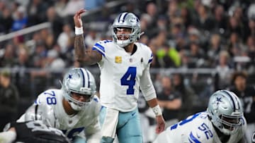 Nov 17, 2025; Paradise, Nevada, USA; Dallas Cowboys quarterback Dak Prescott (4) gestures at the line of scrimmage against the Las Vegas Raiders during the second half at Allegiant Stadium. Mandatory Credit: Kirby Lee-Imagn Images