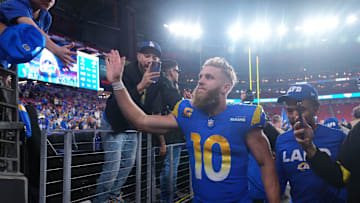 Jan 13, 2025; Glendale, AZ, USA; Los Angeles Rams wide receiver Cooper Kupp (10) reacts after the NFC wild card game against the Minnesota Vikings at State Farm Stadium. Mandatory Credit: Joe Camporeale-Imagn Images