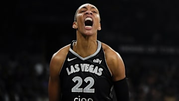 Jul 12, 2025; Las Vegas, Nevada, USA; Las Vegas Aces center A'ja Wilson (22) reacts after scoring against the Golden State Valkyries during the first half of a WNBA basketball game at Michelob Ultra Arena. Mandatory Credit: Lucas Peltier-Imagn Images