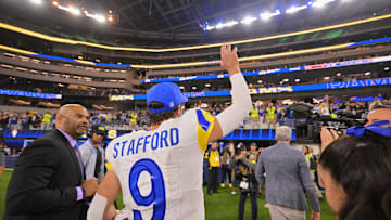 Nov 23, 2025; Inglewood, California, USA; Los Angeles Rams quarterback Matthew Stafford (9) acknowledges the crowd and walks off the field after the game against the Tampa Bay Buccaneers at SoFi Stadium. Mandatory Credit: Jayne Kamin-Oncea-Imagn Images