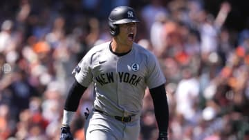 Jun 2, 2024; San Francisco, California, USA; New York Yankees right fielder Juan Soto (22) reacts after hitting a home run against the San Francisco Giants during the ninth inning at Oracle Park. Mandatory Credit: Darren Yamashita-USA TODAY Sports