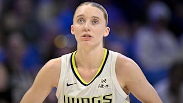 May 19, 2025; Arlington, Texas, USA;  Dallas Wings guard Paige Bueckers (5) looks on during the second half against the Seattle Storm at College Park Center. Mandatory Credit: Jerome Miron-Imagn Images