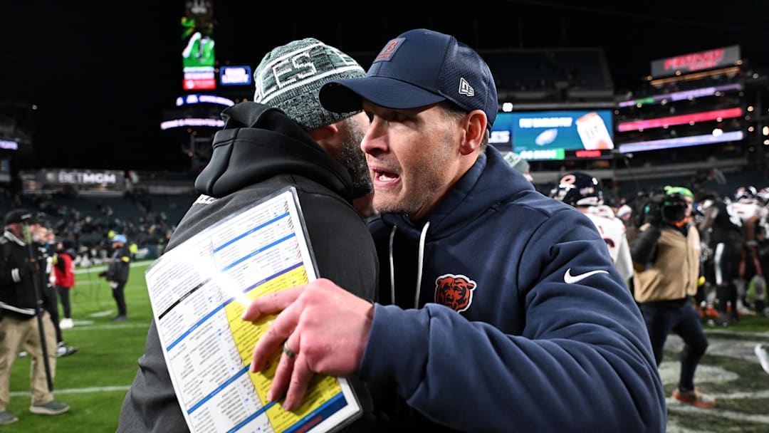 Nov 28, 2025; Philadelphia, Pennsylvania, USA; Philadelphia Eagles head coach Nick Sirianni speaks with Chicago Bears head coach Ben Johnson after the game at Lincoln Financial Field. 
