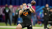 Mar 1, 2025; Indianapolis, IN, USA; TCU wideout Jack Bech during the 2025 NFL Combine at Lucas Oil Stadium. 