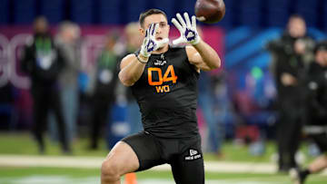 Mar 1, 2025; Indianapolis, IN, USA; TCU wideout Jack Bech during the 2025 NFL Combine at Lucas Oil Stadium. Mandatory Credit: Kirby Lee-Imagn Images