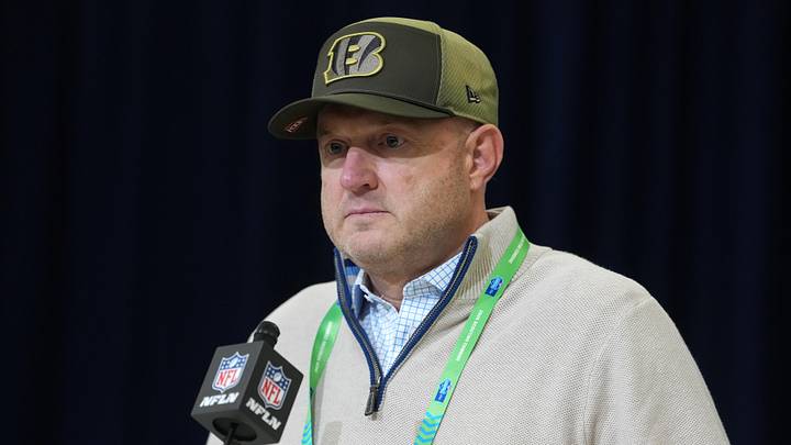 Feb 24, 2026; Indianapolis, IN, USA; Cincinnati Bengals general manager Duke Tobin speaks at the NFL Scouting Combine at the Indiana Convention Center. Mandatory Credit: Kirby Lee-Imagn Images