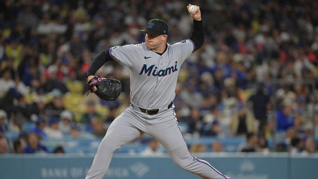 Apr 27, 2026; Los Angeles, California, USA; Miami Marlins relief pitcher John King (47) delivers to the plate against the Los Angeles Dodgers at Dodger Stadium. Mandatory Credit: Jayne Kamin-Oncea-Imagn Images