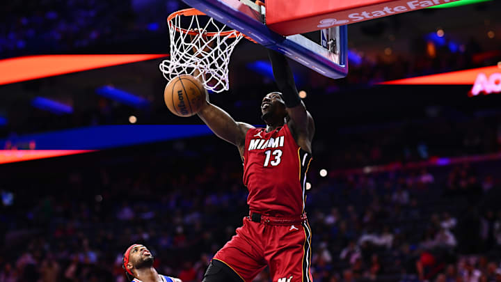 Feb 14, 2024; Philadelphia, Pennsylvania, USA; Miami Heat center Bam Adebayo (13) dunks against the