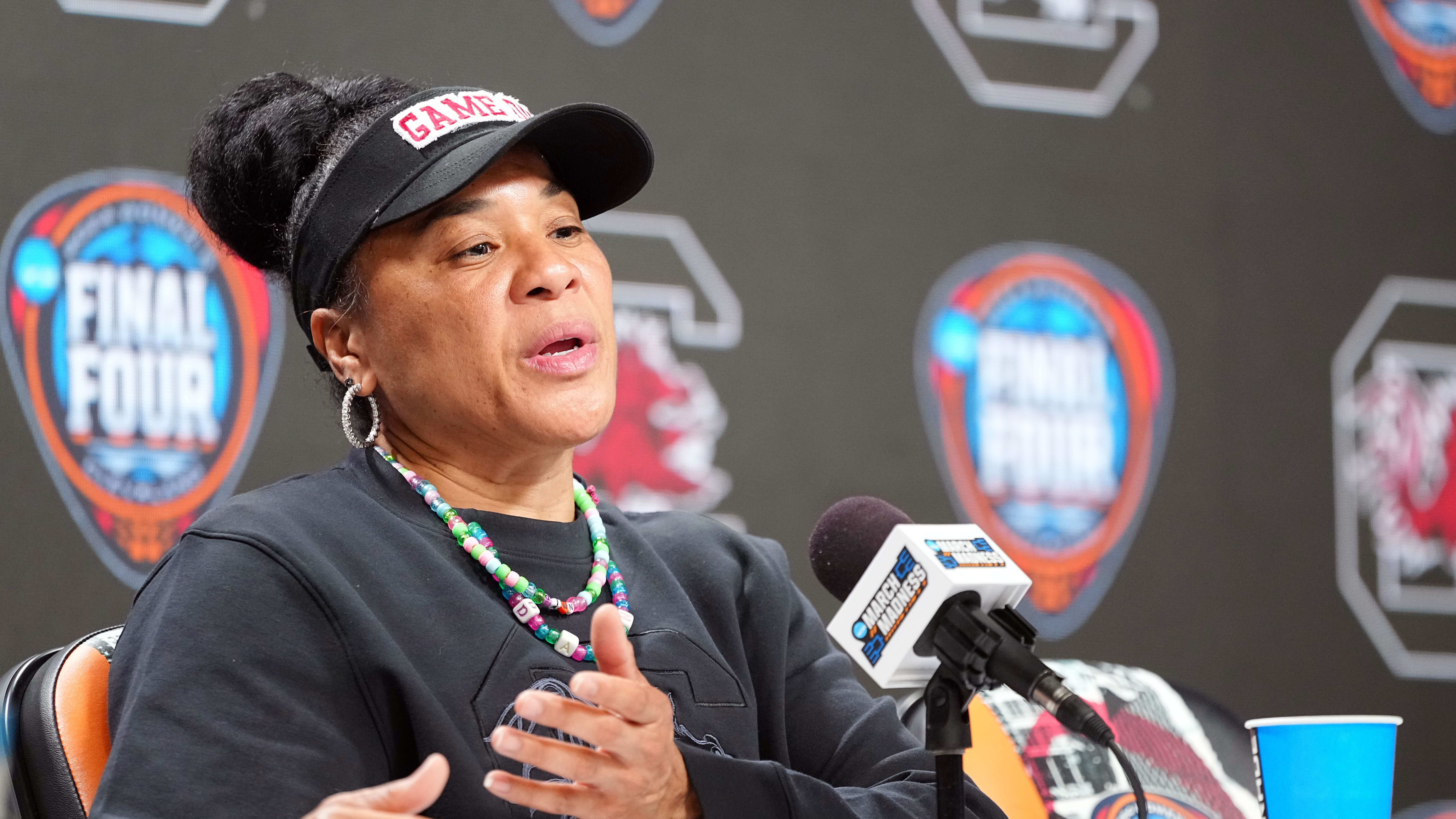 South Carolina Gamecocks head coach Dawn Staley speaks to reporters.