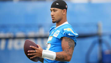 Jul 21, 2025; El Segundo, CA, USA; Los Angeles Chargers quarterback Trey Lance (5) at training camp at The Bolt. Mandatory Credit: Kirby Lee-Imagn Images