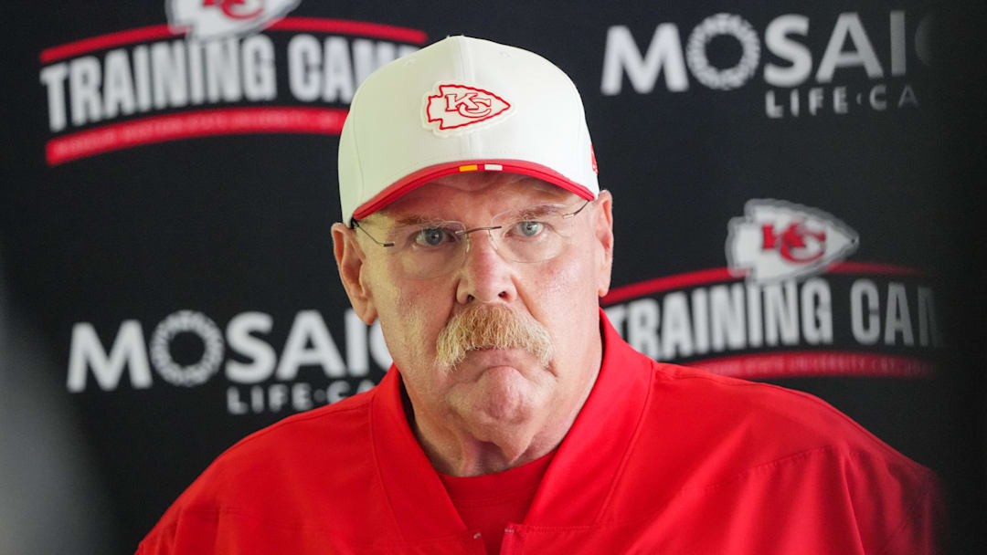 Jul 22, 2025; St. Joseph, MO, USA; Kansas City Chiefs head coach Andy Reid speaks to media after training camp at Missouri Western State University. 