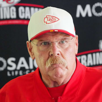 Jul 22, 2025; St. Joseph, MO, USA; Kansas City Chiefs head coach Andy Reid speaks to media after training camp at Missouri Western State University. Mandatory Credit: Denny Medley-Imagn Images