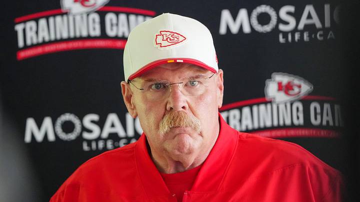 Jul 22, 2025; St. Joseph, MO, USA; Kansas City Chiefs head coach Andy Reid speaks to media after training camp at Missouri Western State University. Mandatory Credit: Denny Medley-Imagn Images