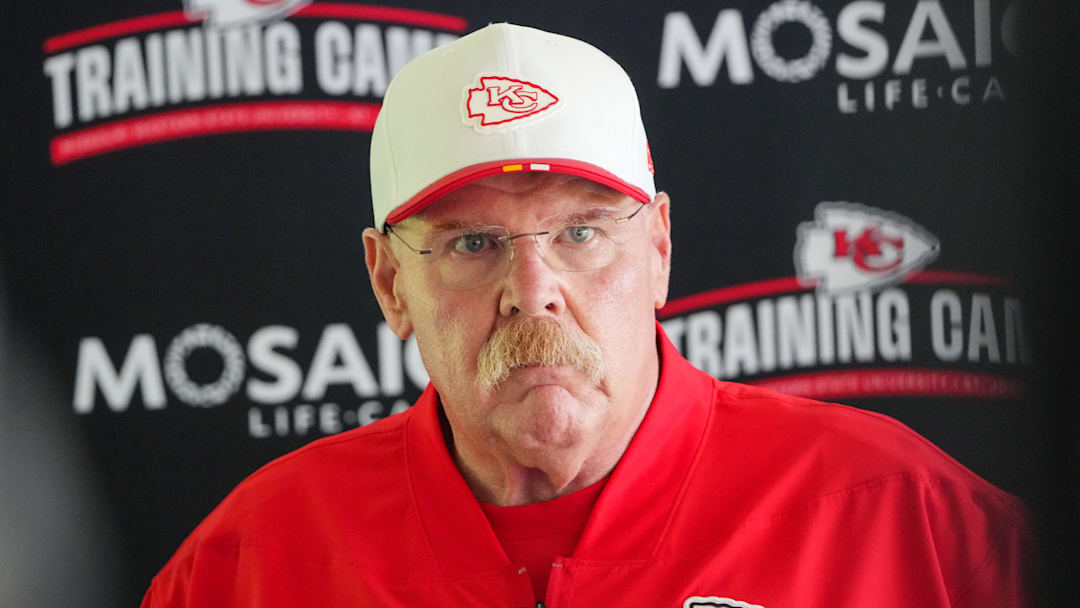 Jul 22, 2025; St. Joseph, MO, USA; Kansas City Chiefs head coach Andy Reid speaks to media after training camp at Missouri Western State University. Mandatory Credit: Denny Medley-Imagn Images